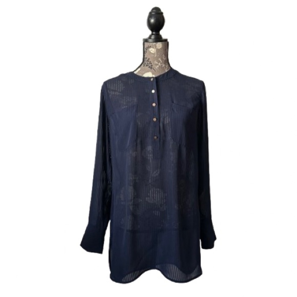 a new day Women' Large Navy Blue Long Sleeves Round Neck Sheer Tunic Blouse Top
